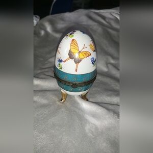 Porcelain Butterfly Egg Trinket Box - Turquoise and White